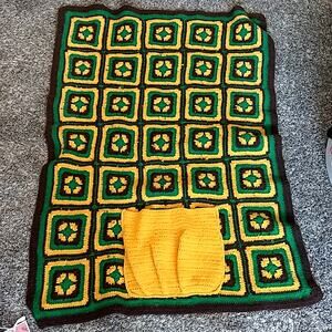 Granny square afghan blanket handmade with pocket green yellow brown
